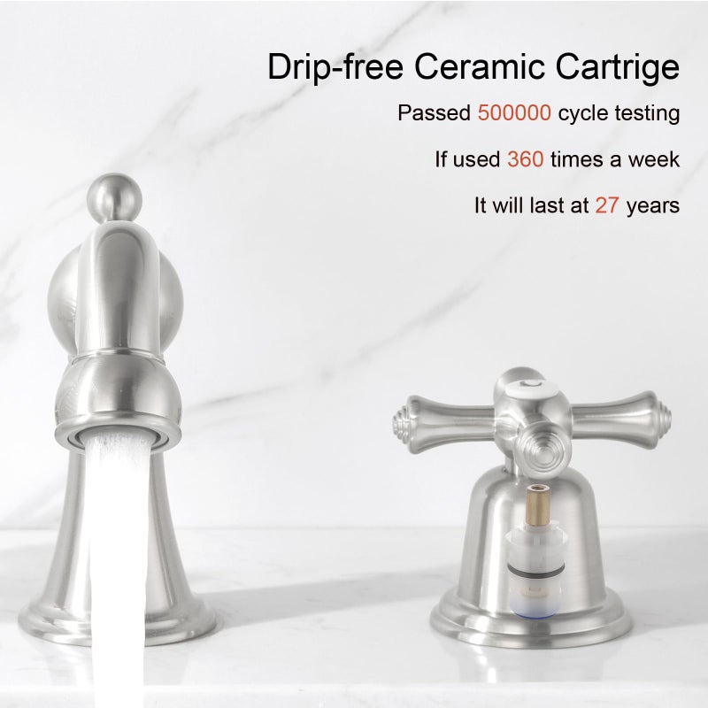 RKF Bathroom Faucets for Sink 3 Hole Brushed Nickel 8 inch Widespread Bathroom Sink Faucet with Drain 2 Handles Cross Knobs Faucet Bathroom Vanity Faucet Basin Mixer Tap CWF033-GBN - Image 3